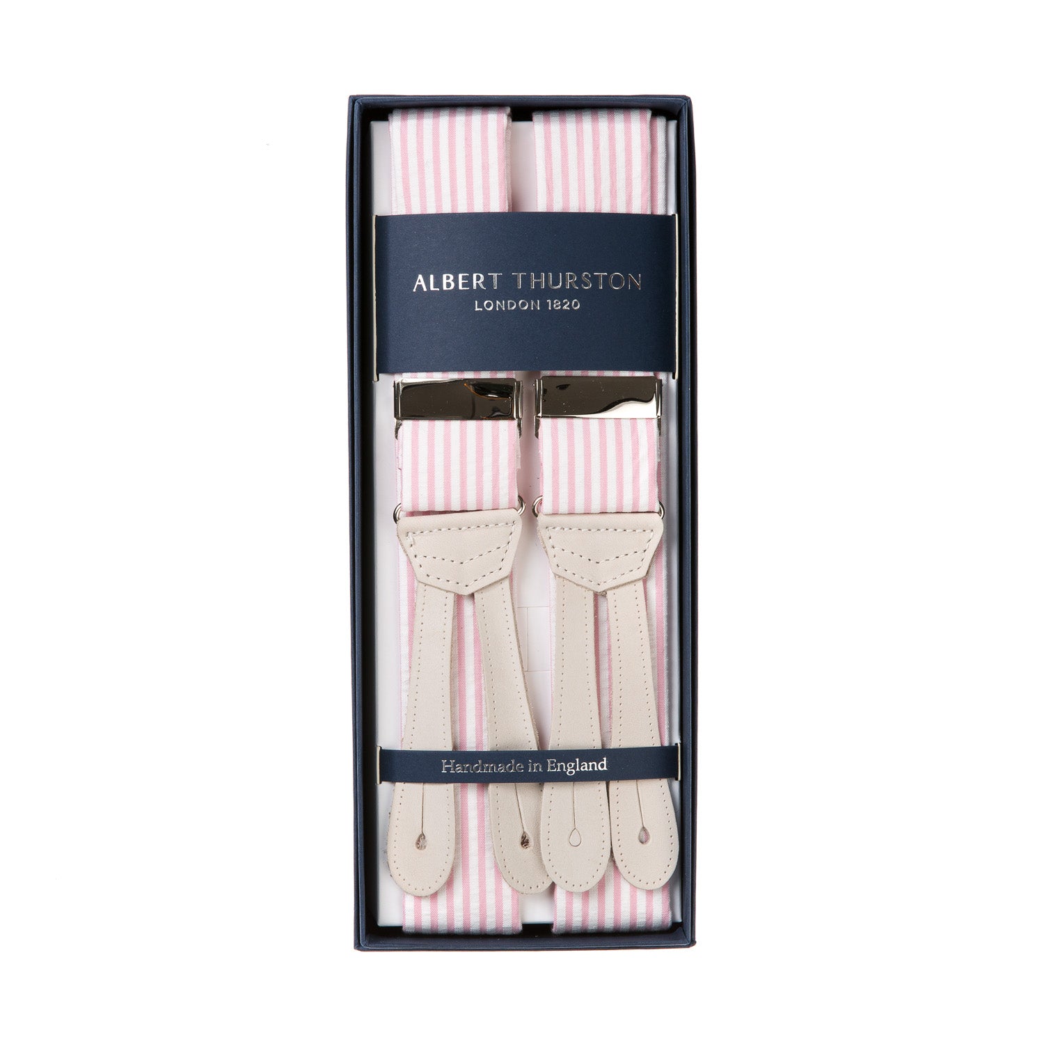 Button Suspenders "Seersucker Stripe" with Flat Ends made of Nubuck Leather